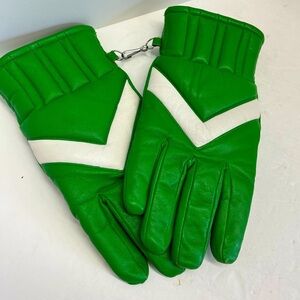 Vintage 1970’s Green/White Retro Leather Ski Gloves Winter Chevron